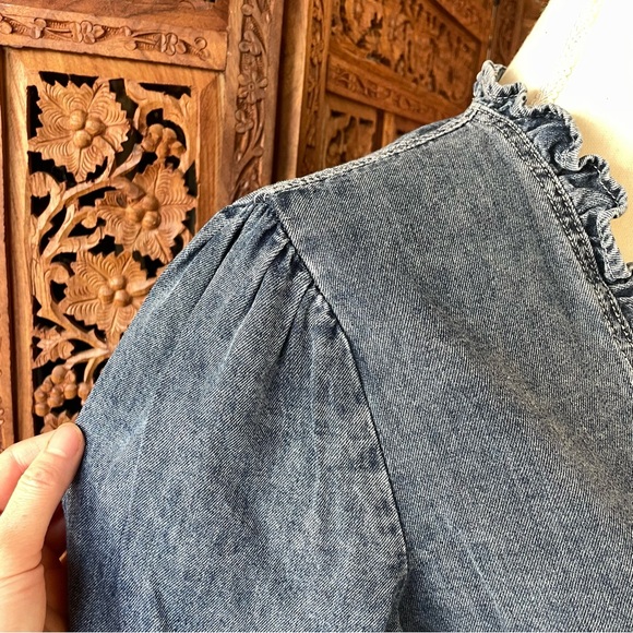 Vintage Unbranded Denim Jean Open-Front Jacket with Ruffle Hemline - Picture 4 of 10